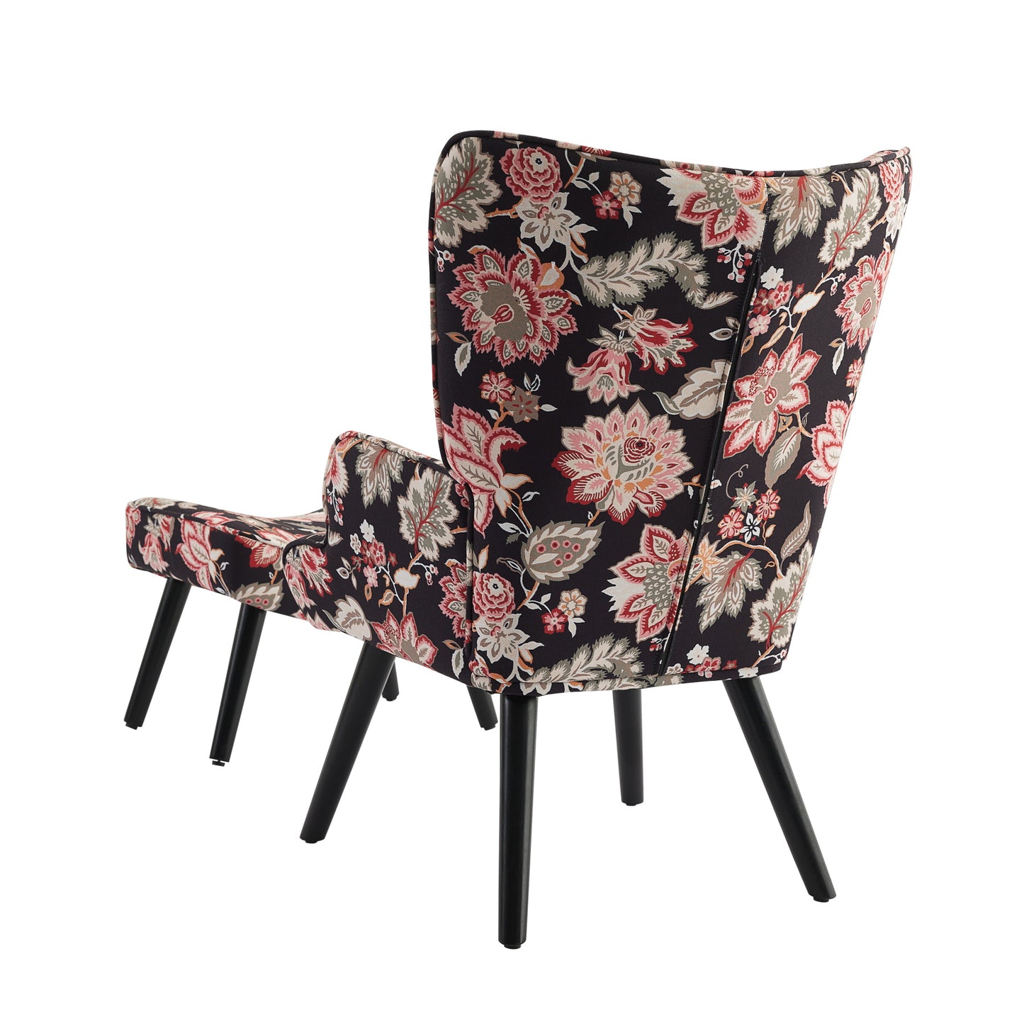 Poltrona HOMEMIYNcom Almofada e Banco ( 76x65x94 cm - Linho Falso Pretocom Flores Vermelho）