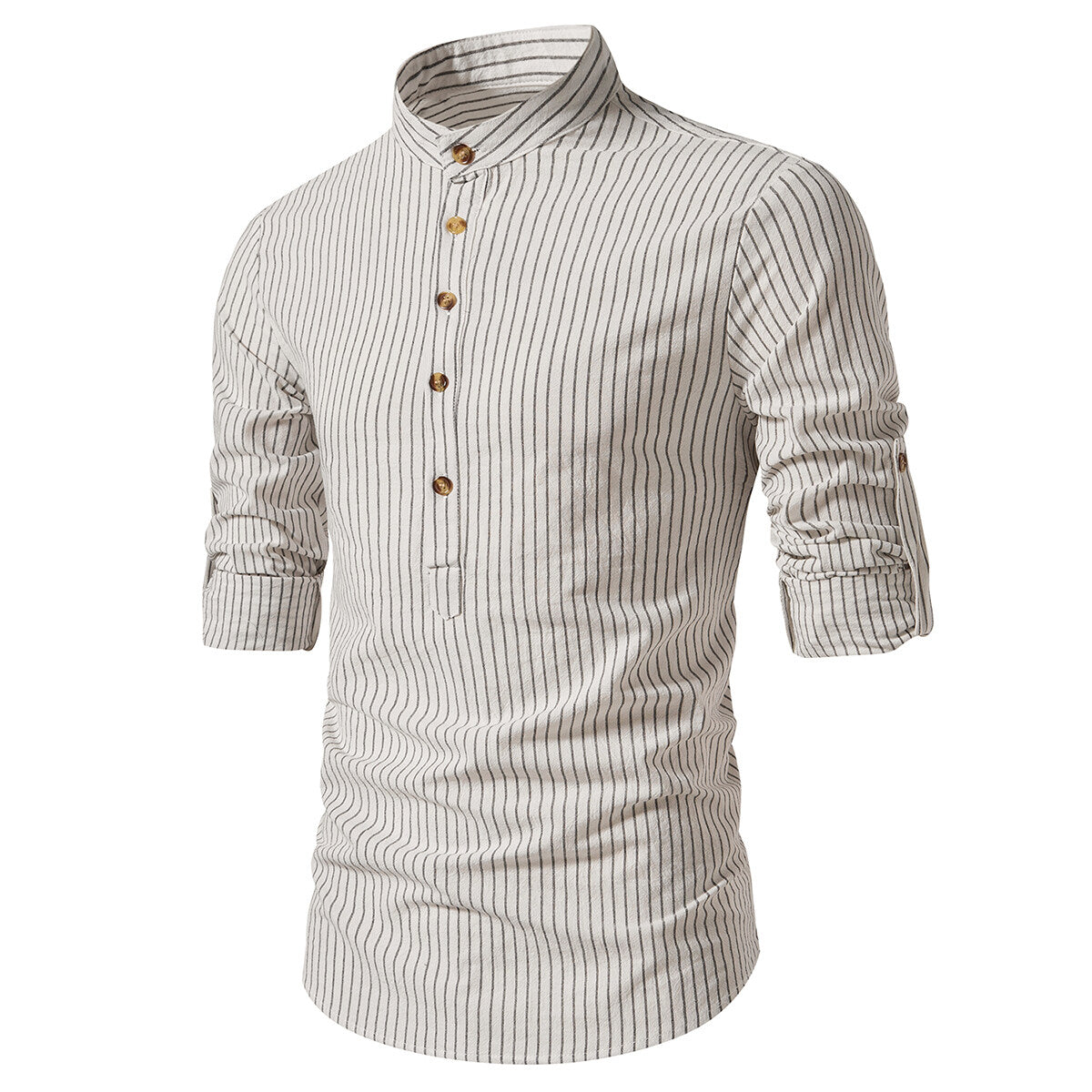YFFUSHI Mens Striped Shirt Long Sleeve Slim Stand Collar Business Casual Top
