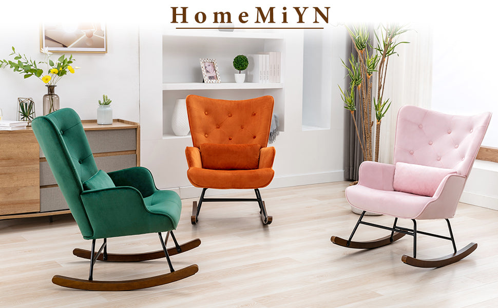 PCadeira de Balanço HomeMiYN Moderna Alto Encosto (87x66x90cm - Veludo/Madeira - Verde Escuro)