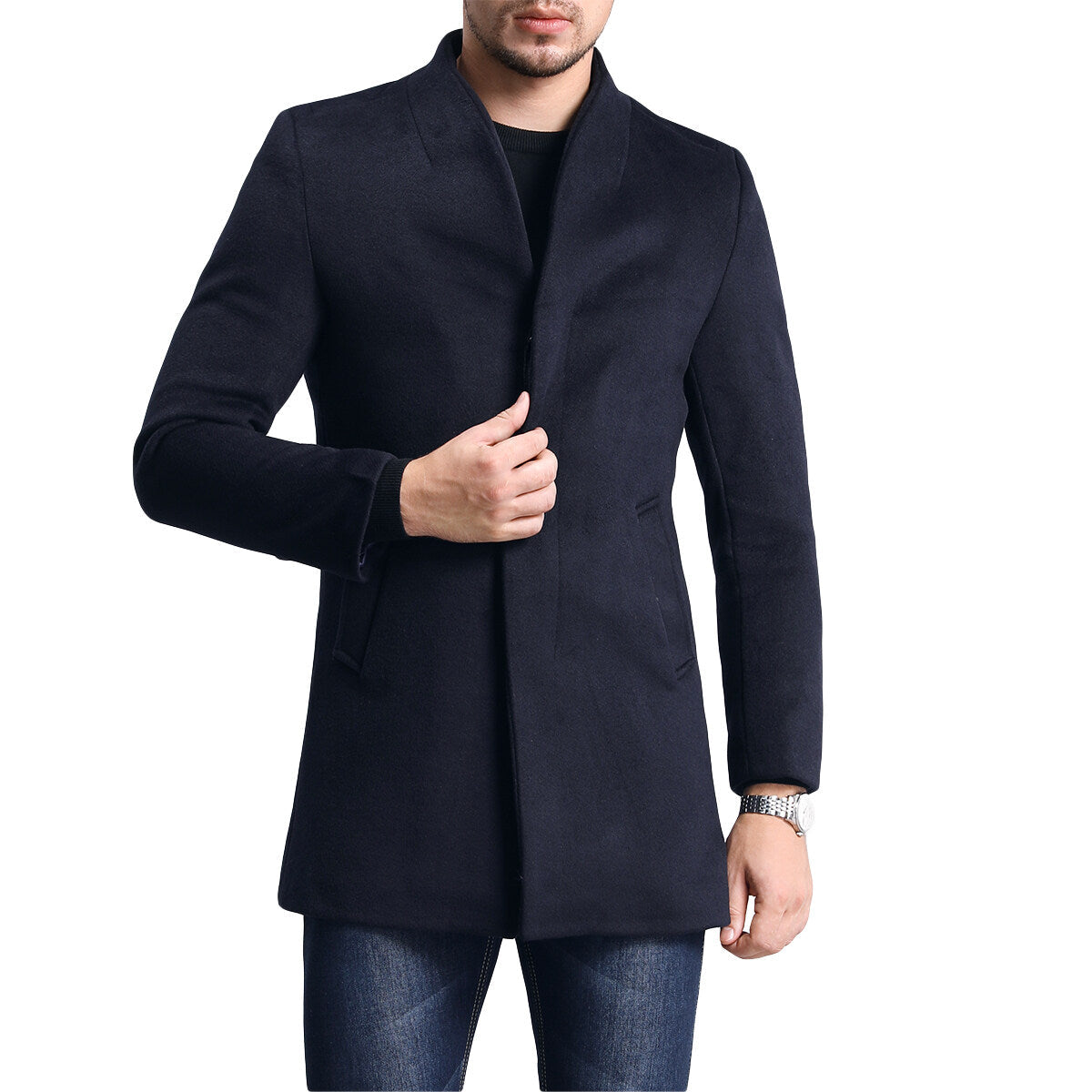 YFFUSHI Mens Casual Simple Solid Color Long Single Breasted Wool Coat