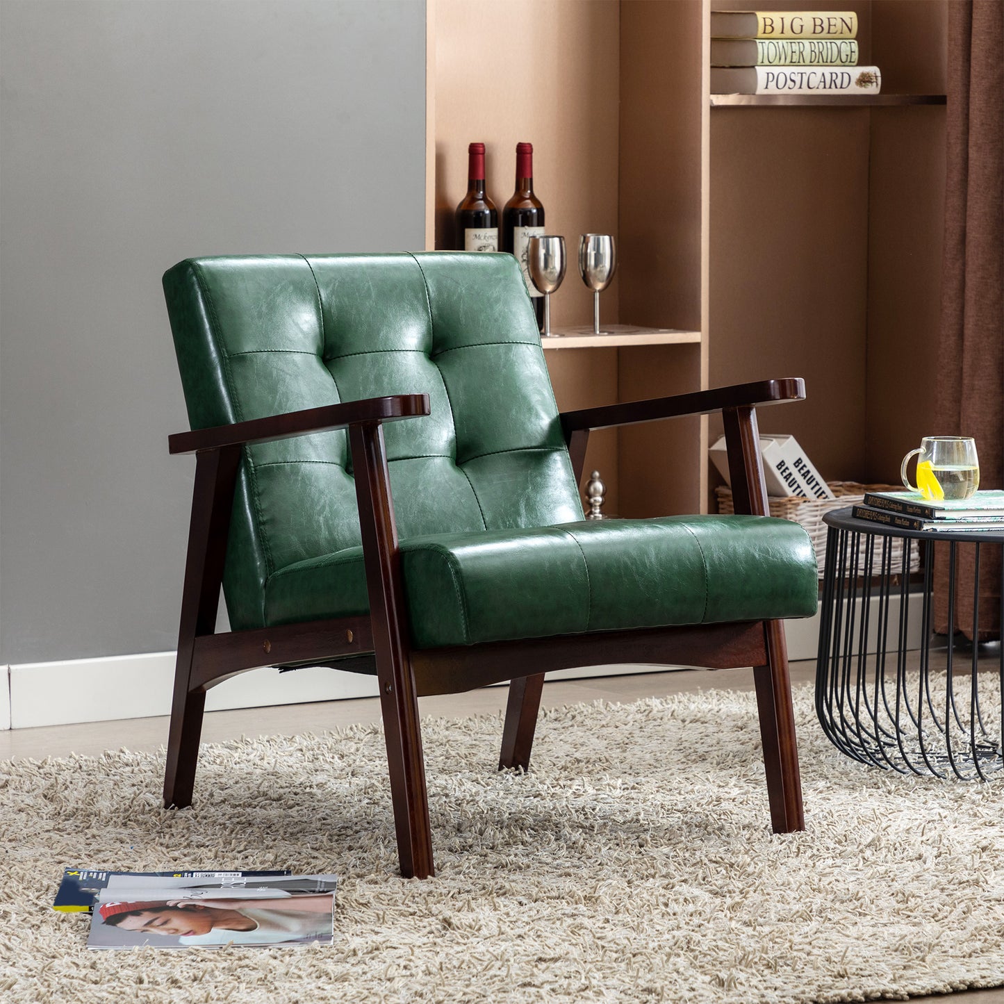Scandinavian Green Leather Armchair - Mid-Century Modern Solid Wood Lounge Chair - 67cm(W) x 76cm(D) x 76cm(H) - Retro Living Room Furniture