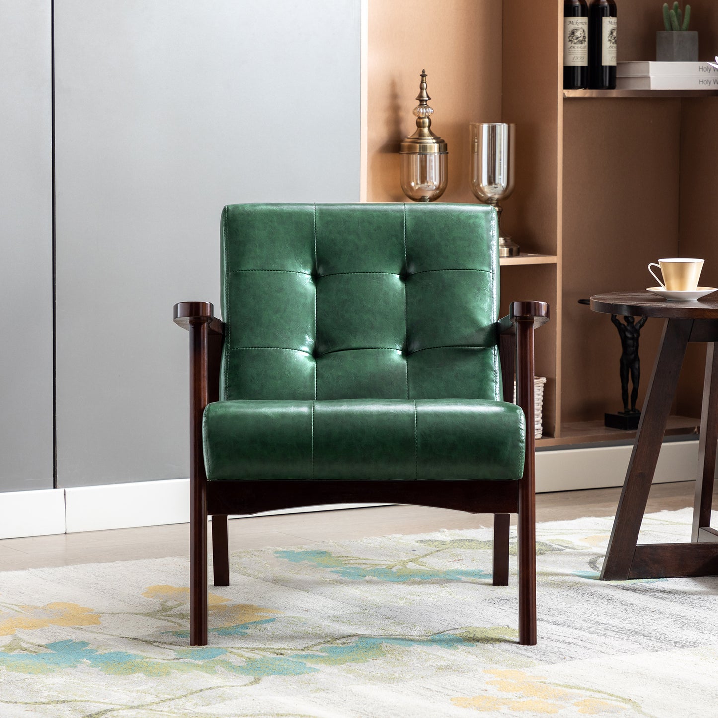 Scandinavian Green Leather Armchair - Mid-Century Modern Solid Wood Lounge Chair - 67cm(W) x 76cm(D) x 76cm(H) - Retro Living Room Furniture