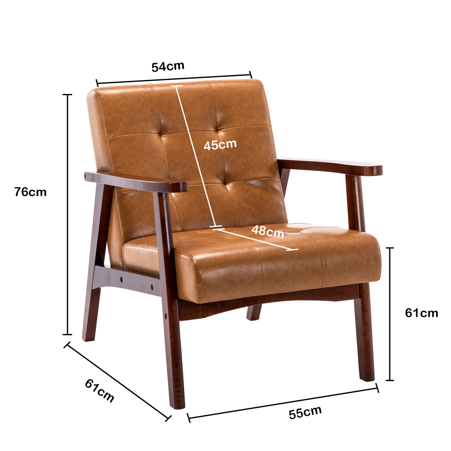 Scandinavian Leather Armchair - Caramel Brown, 67cm (W) x 76cm (D) x 76cm (H) – Mid-Century Modern Lounge Chair