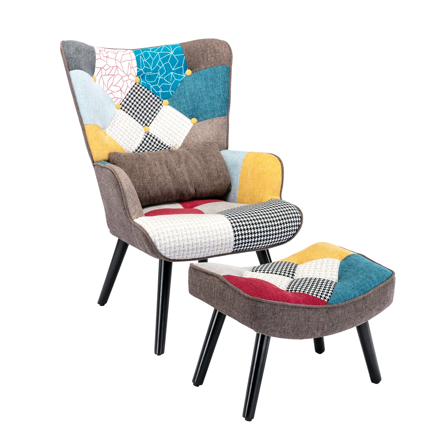 Scandinavian Patchwork Armchair with Ottoman - Solid Wood Legs & Lumbar Pillow - Multicolor Linen Fabric for Living Room/Balcony