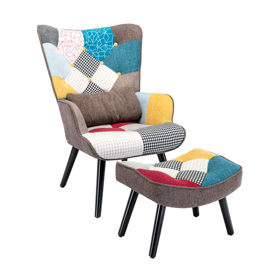 Scandinavian Patchwork Armchair with Ottoman - Solid Wood Legs & Lumbar Pillow - Multicolor Linen Fabric for Living Room/Balcony