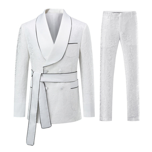 YFFUSHI Mens 3 Piece Jacquard Suit Set Business Banquet Double Breasted Slim Dress Suit