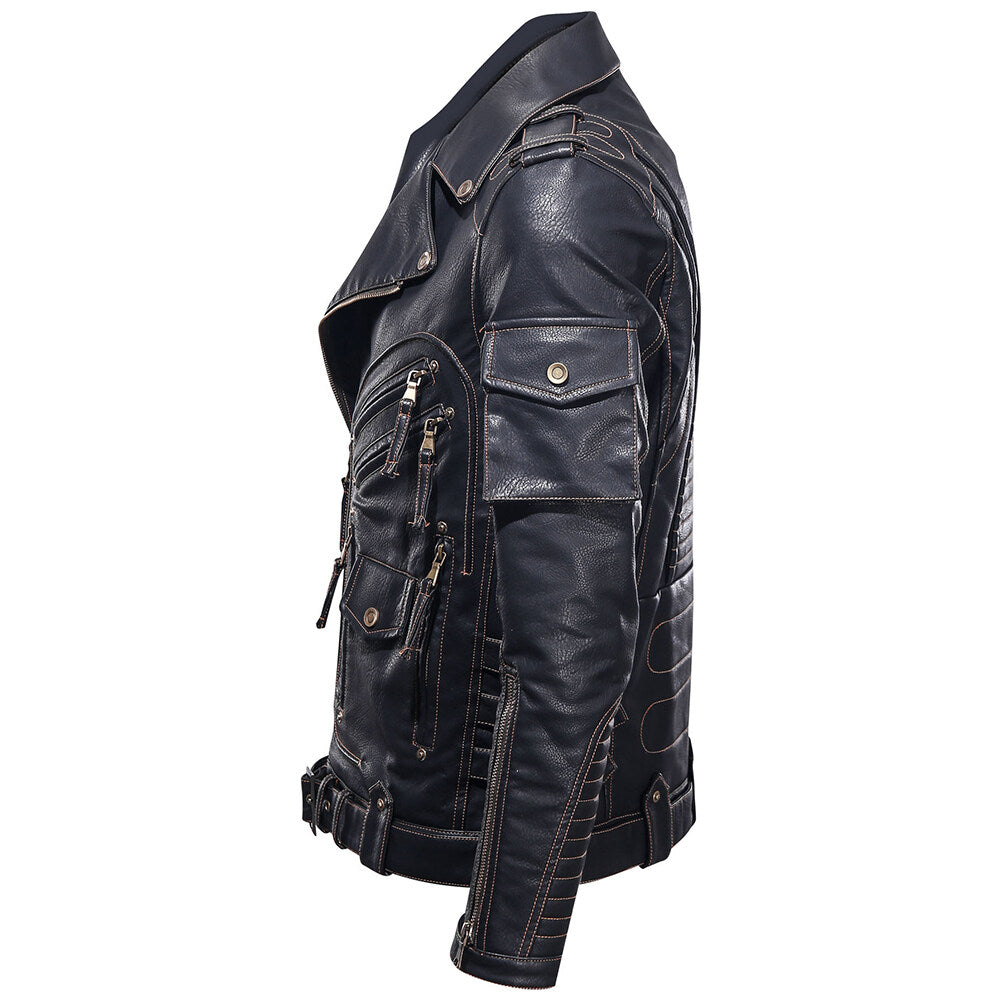 YFFUSHI Mens Biker Punk Zipped Heavy Leather Jacket