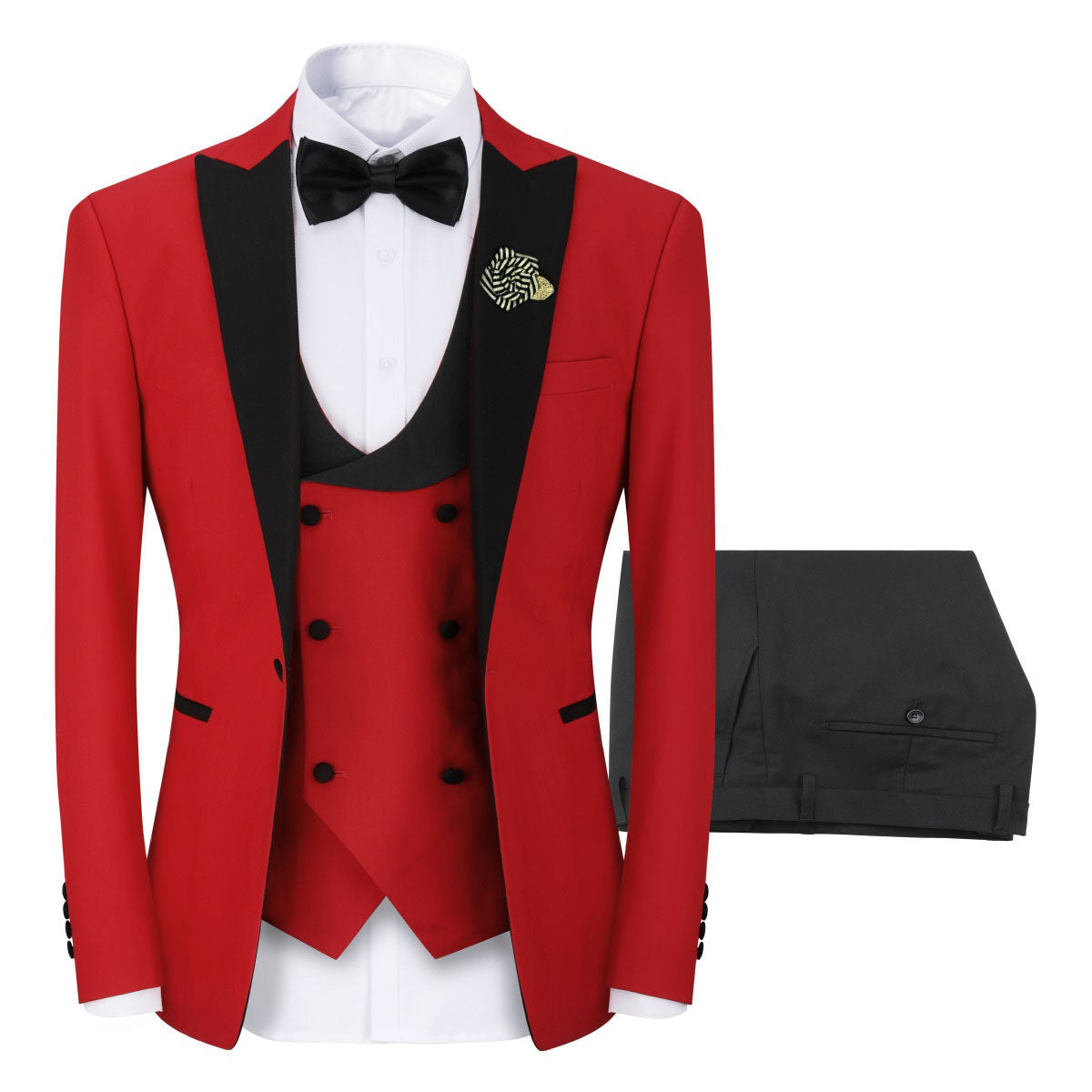 YFFUSHI Mens 3 Piece Slim Fit Peak Lapel 1 Button Suit Set with Bowtie and Corsage