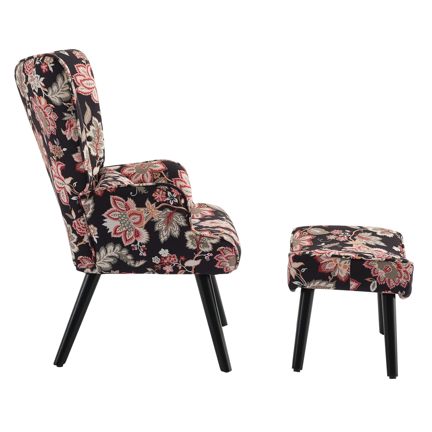 Poltrona HOMEMIYNcom Almofada e Banco ( 76x65x94 cm - Linho Falso Pretocom Flores Vermelho）