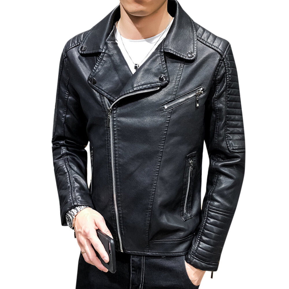 YFFUSHI Mens Slim Fit Leather Jacket with Large Lapel and Diagonal Zip