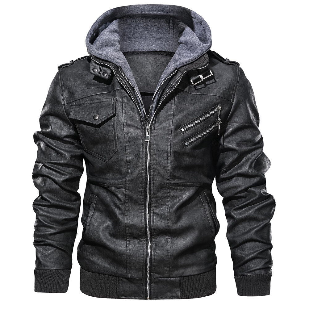 YFFUSHI Mens Casual Moto Style Lapel Hooded Leather Jacket