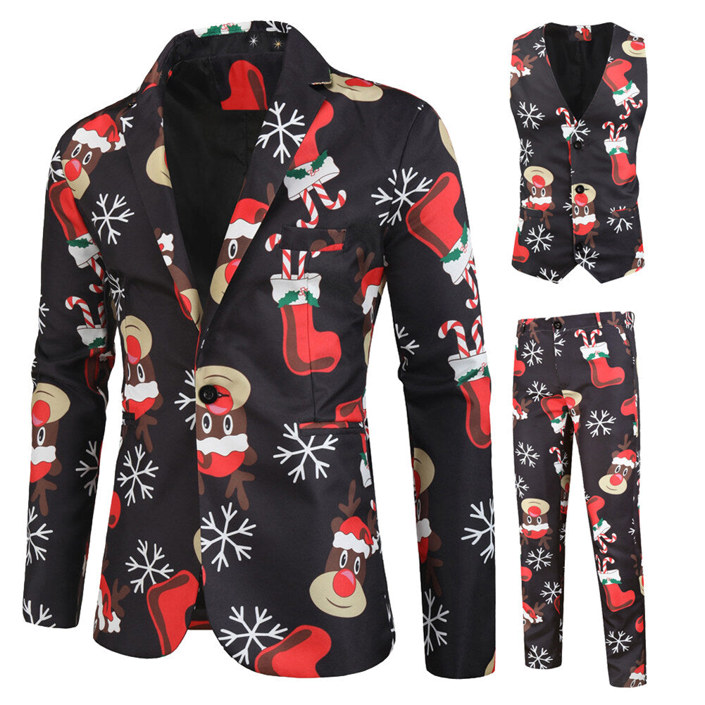 YFFUSHI Mens 3 Piece Suit Christmas Elk Print Single Breasted Holiday Dress for Dinner or Party