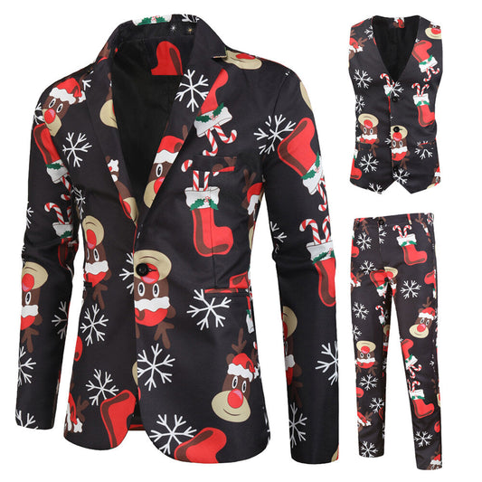 YFFUSHI Mens 3 Piece Suit Christmas Elk Print Single Breasted Holiday Dress for Dinner or Party