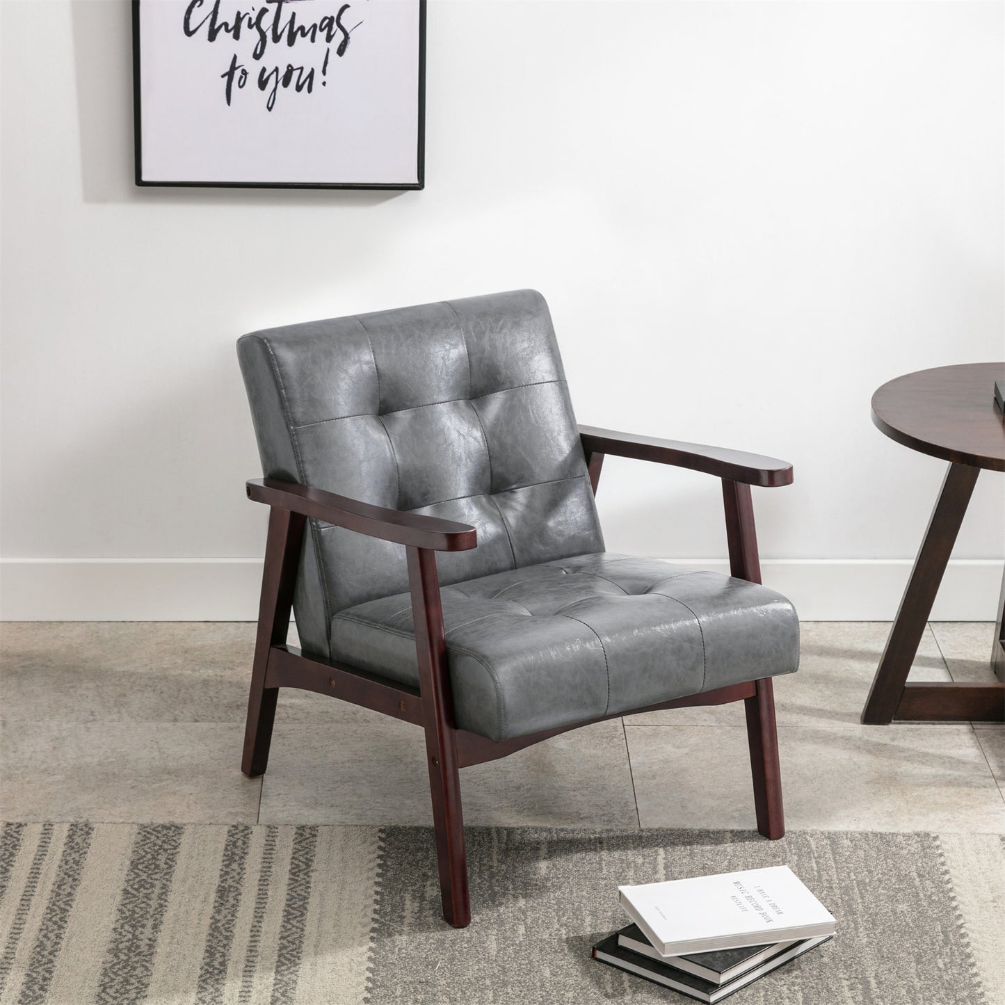 Fauteuil en cuir artificiel tapisé style vintag-Fauteuil en bois naturel de bureau de chambre à coucher, gris