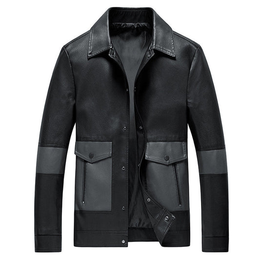 YFFUSHI Mens Colourblock Lapel Leather Jacket