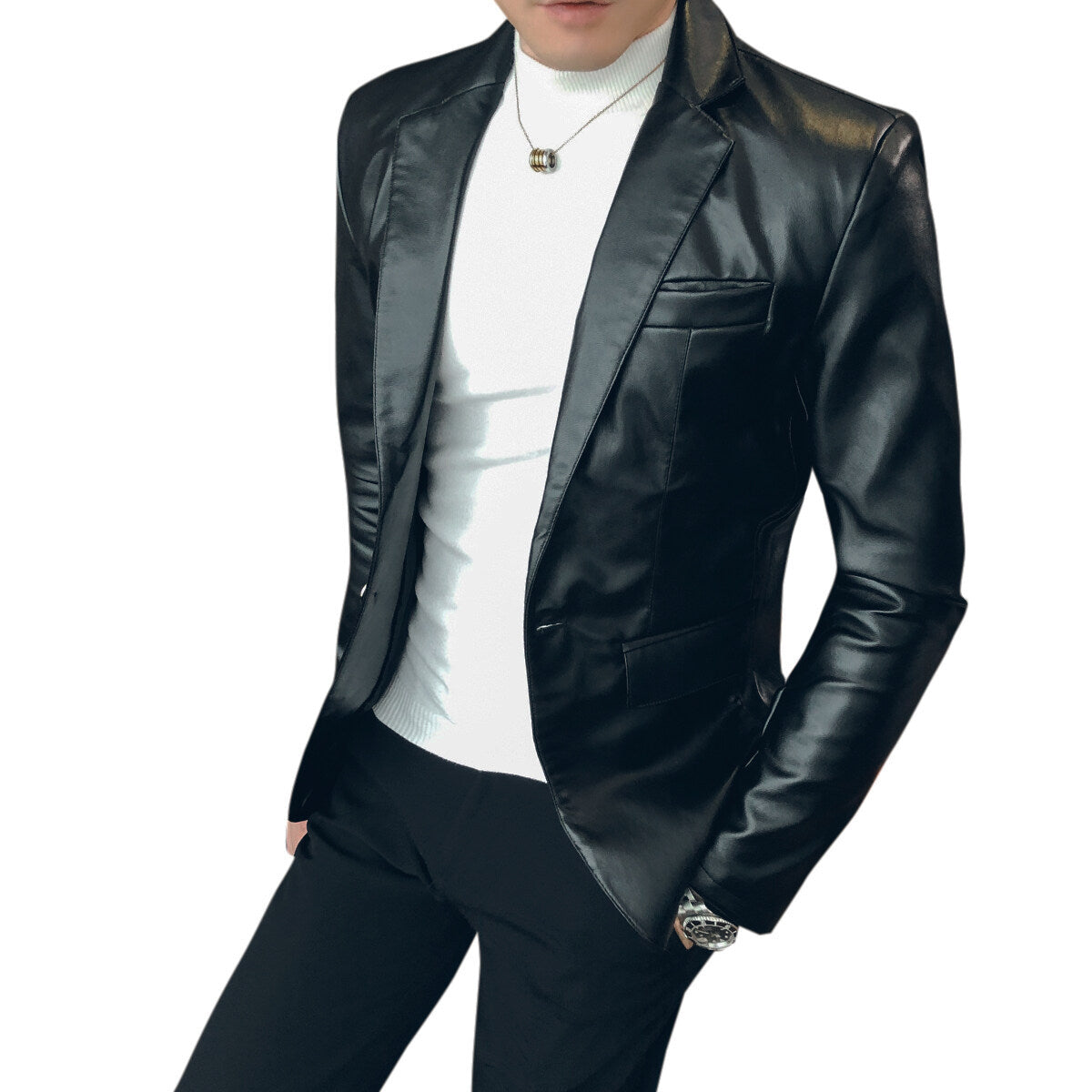 YOUTHUP Mens Slim Fit Shiny Glossy Waterproof Leather Blazer