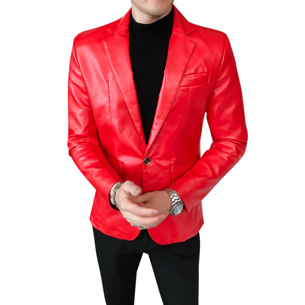 YOUTHUP Mens Slim Fit Shiny Glossy Waterproof Leather Blazer