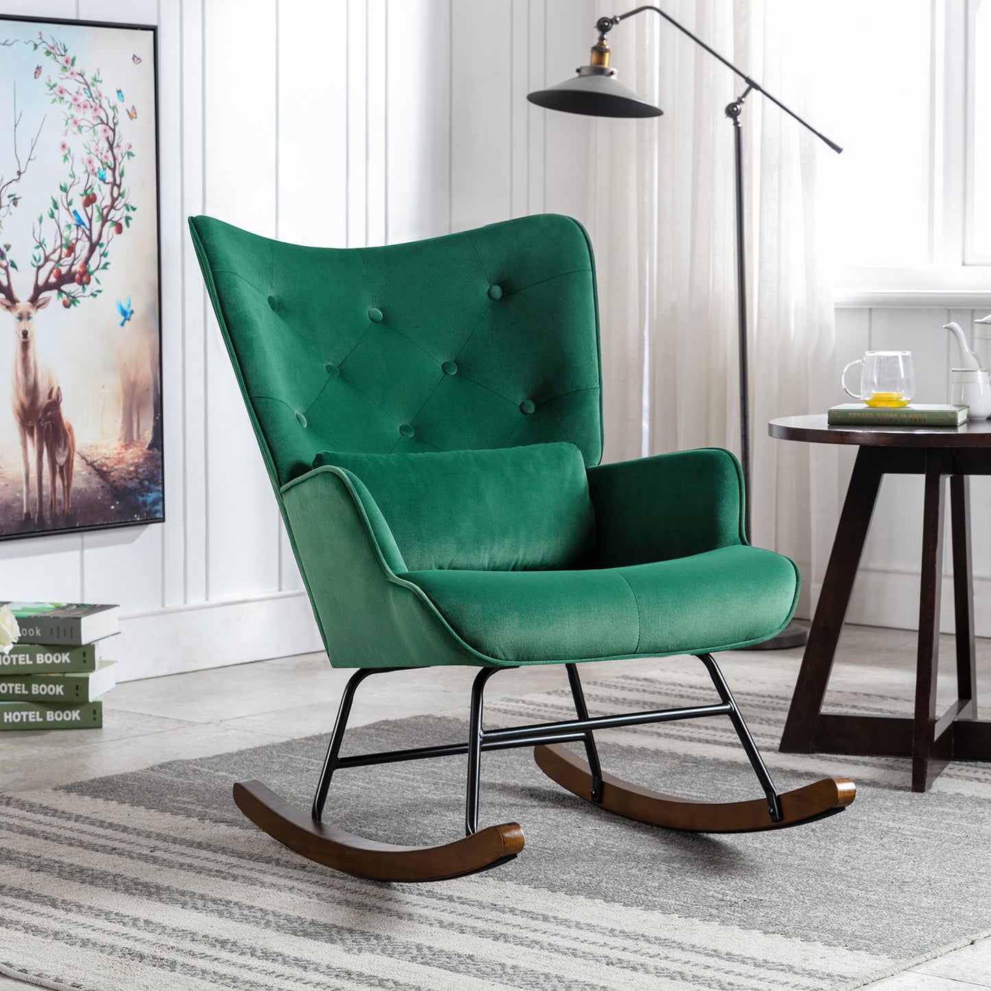 PCadeira de Balanço HomeMiYN Moderna Alto Encosto (87x66x90cm - Veludo/Madeira - Verde Escuro)