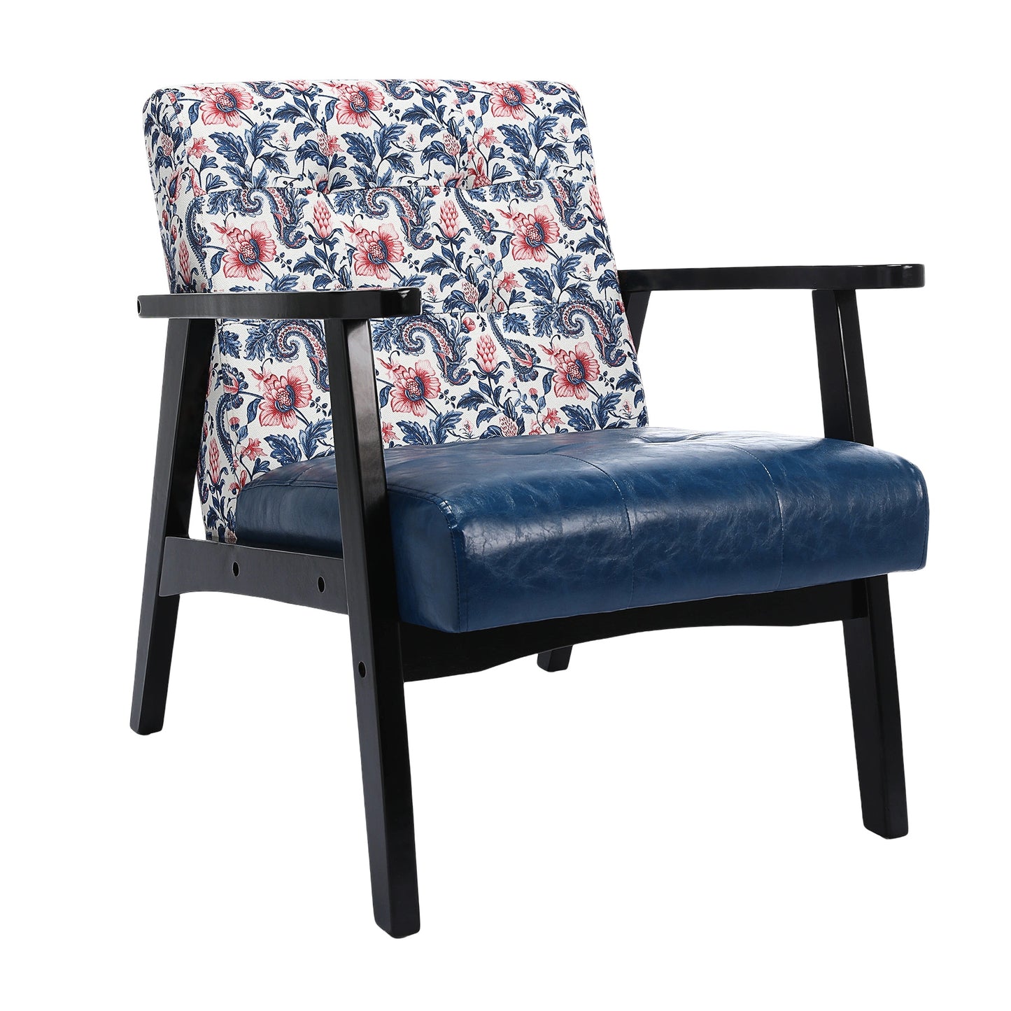 Canapé d'Appoint Japonais - Toile Fleurie Bleu/Rouge & Accoudoirs PU Noir - Design Vintage Mid-Century
