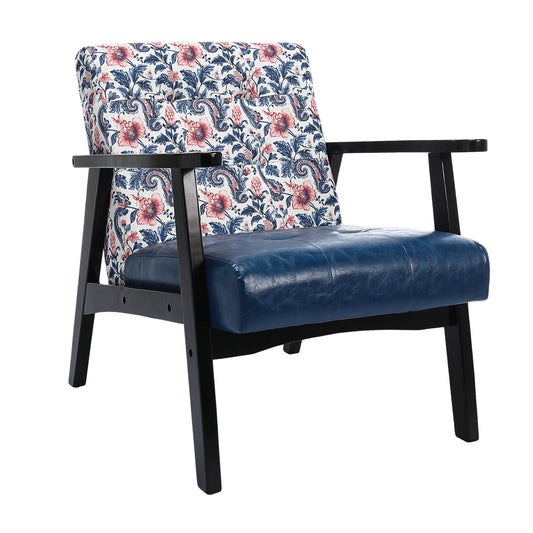 Canapé d'Appoint Japonais - Toile Fleurie Bleu/Rouge & Accoudoirs PU Noir - Design Vintage Mid-Century