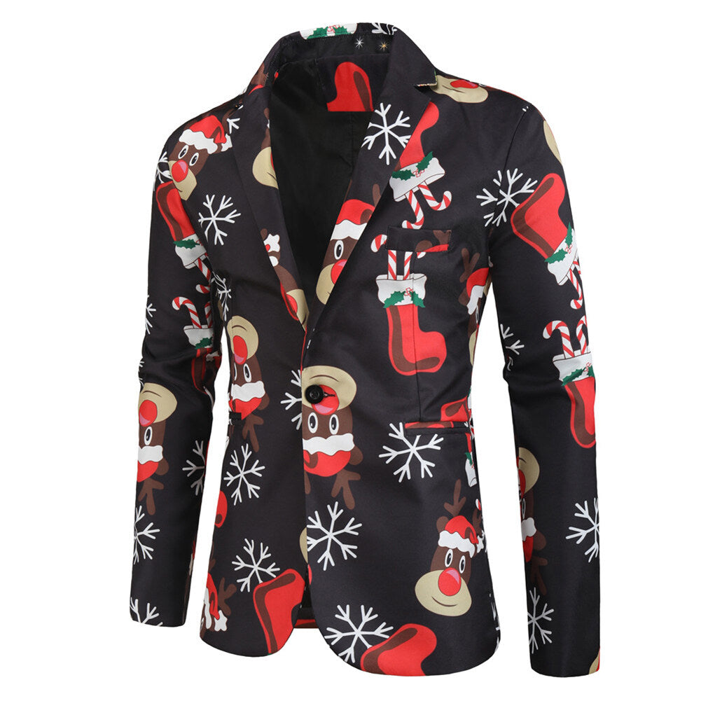 YFFUSHI Mens 3 Piece Suit Christmas Elk Print Single Breasted Holiday Dress for Dinner or Party