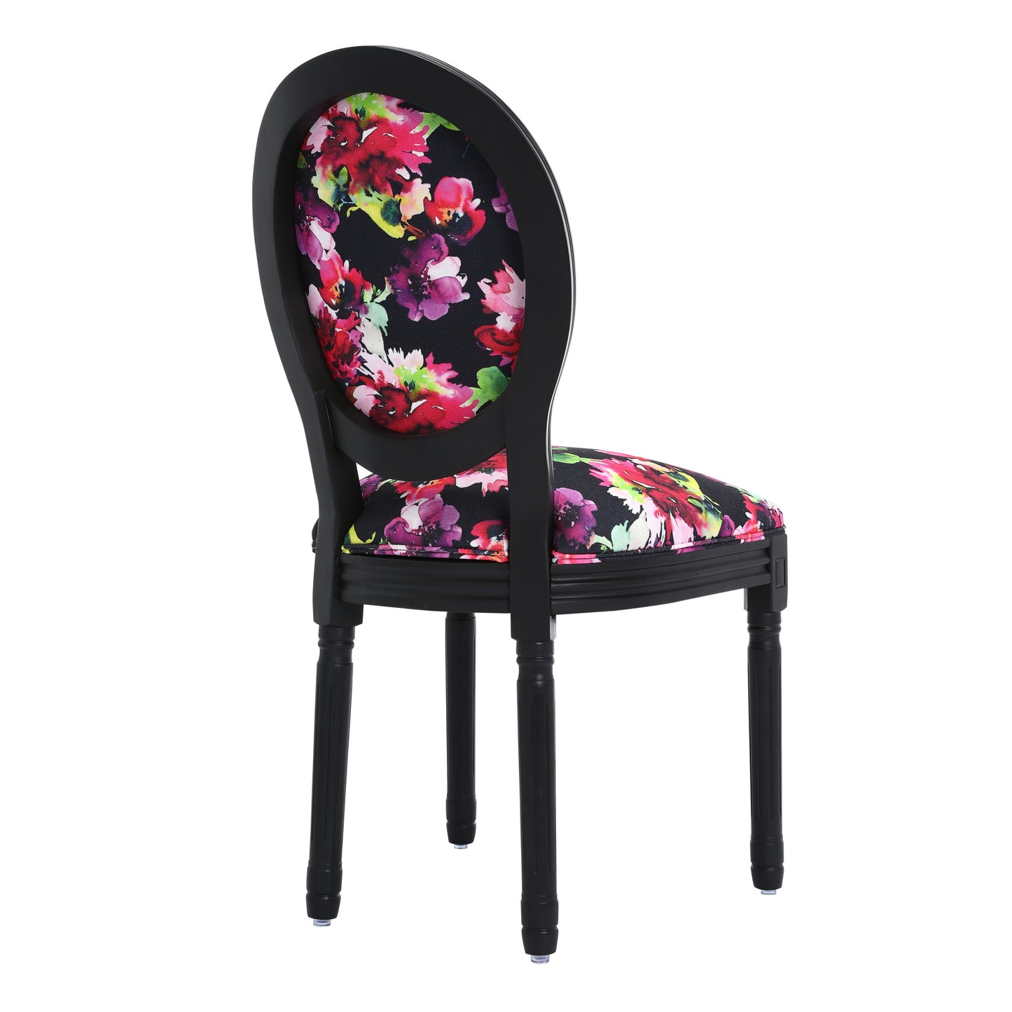 2 eetkamerstoelen: zwart frame, fel bloemenpatroon op zwarte achtergrond - 56x50x94,5 cm - Hedendaags Chinees design