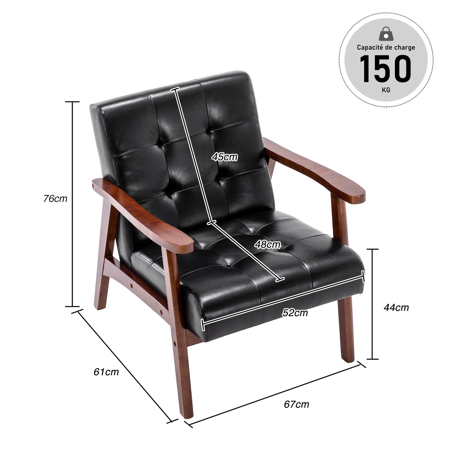 Fauteuil Médiéval Chaise Vintage en Similicuir Tufté avec Accoudoirs en Bois, Style Vintage, Tapissé en Bois Dur, Noir