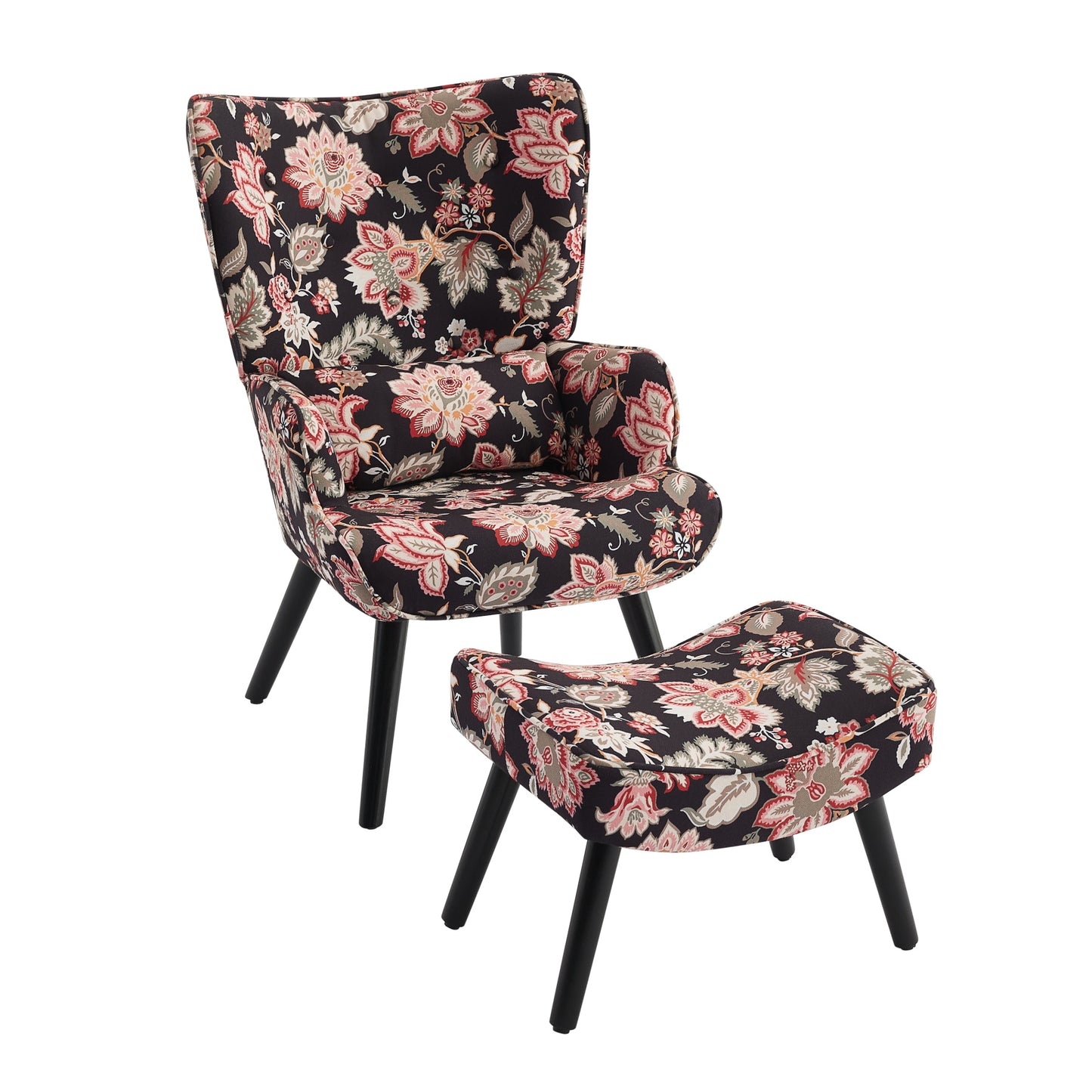 Poltrona HOMEMIYNcom Almofada e Banco ( 76x65x94 cm - Linho Falso Pretocom Flores Vermelho）