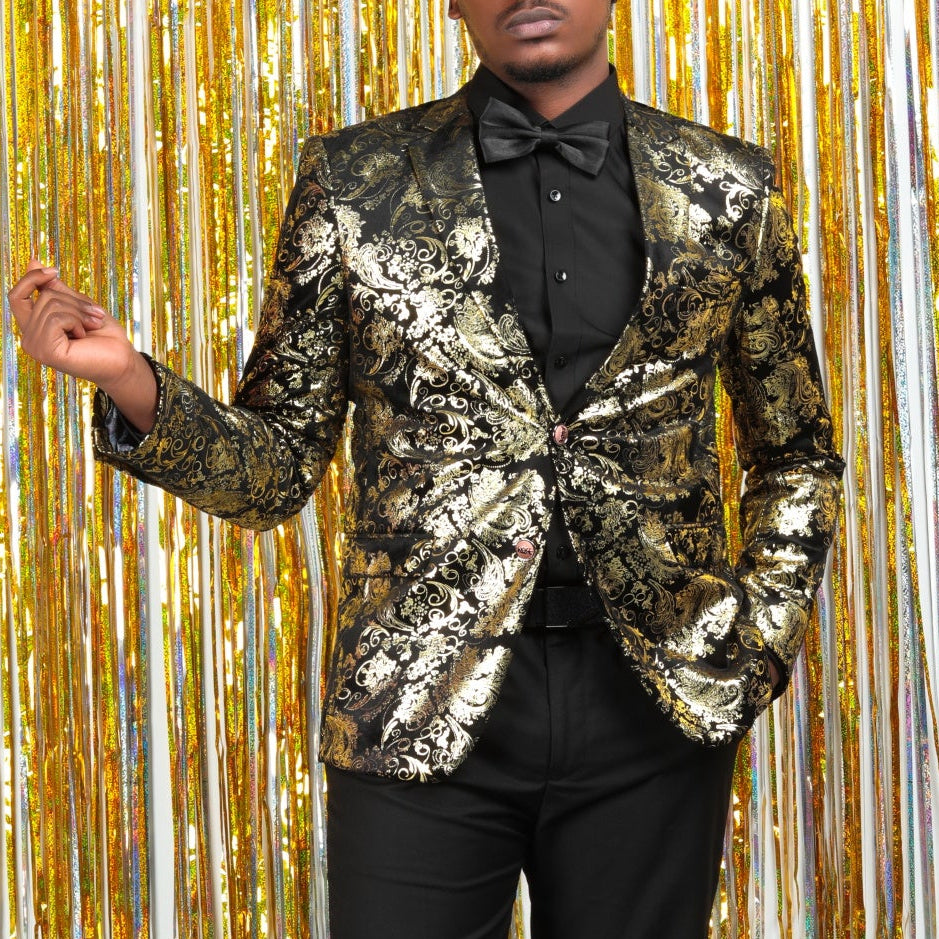 Cloudstyle Men's Dress Floral Suit Notched Lapel Slim Fit Stylish Blazer Dress Golden Suit