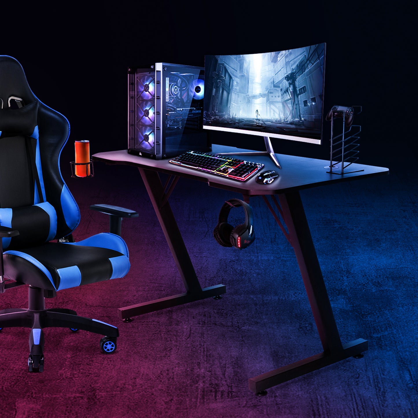 Bureau Informatique Gaming avec crochet Bureau Gamer pour casque porte-gobelet 120x60x73cm Noir