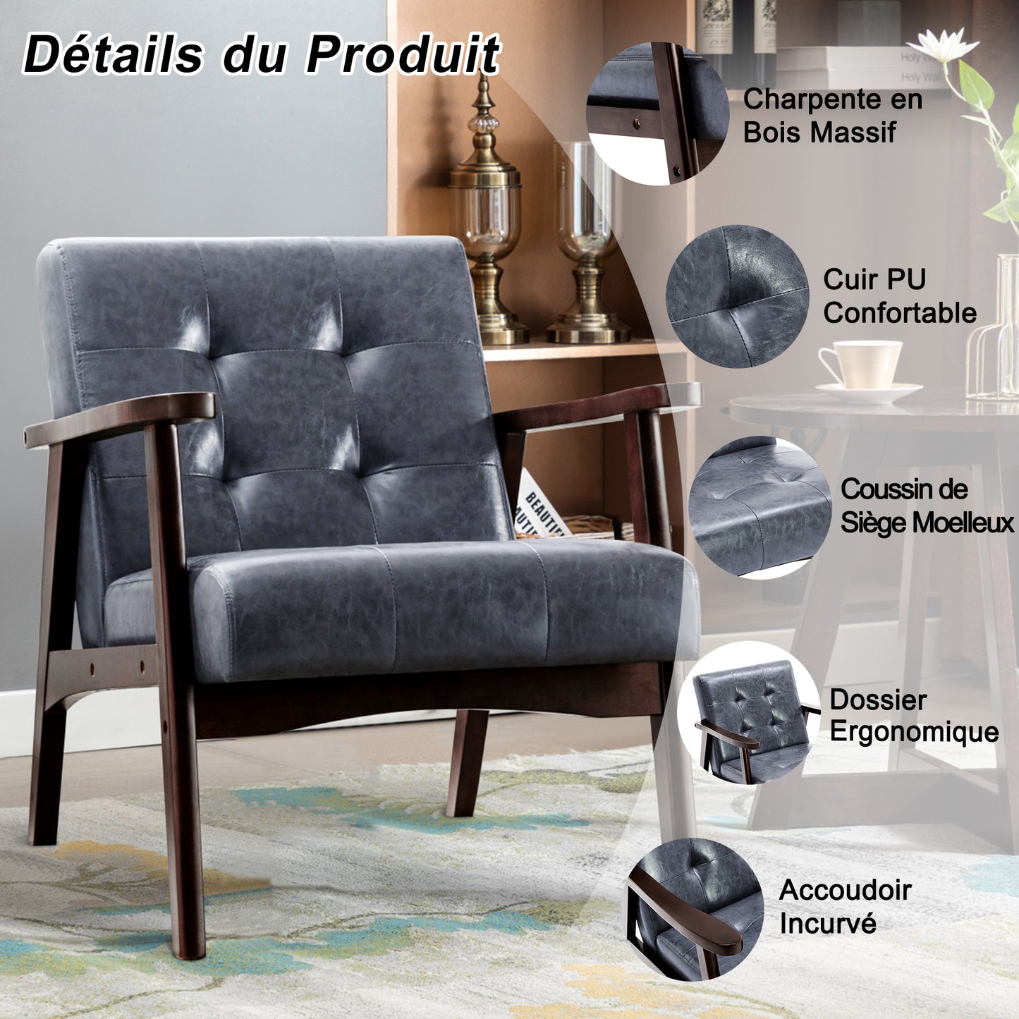 Fauteuil en cuir artificiel tapisé style vintag-Fauteuil en bois naturel de bureau de chambre à coucher, gris