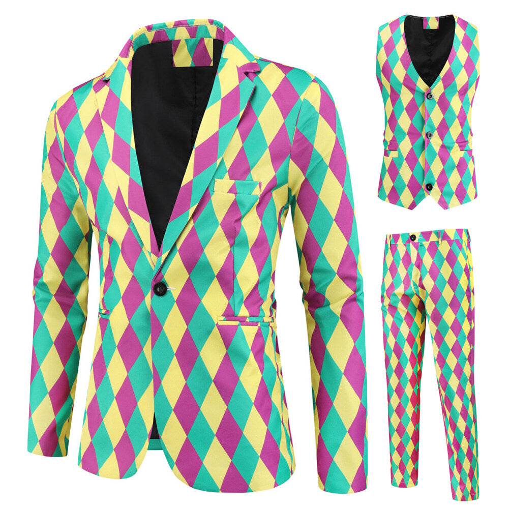 YFFUSHI Mens 3 Piece Suit Argyle Stripe Single Breasted Holiday Dress for Dinner or Party
