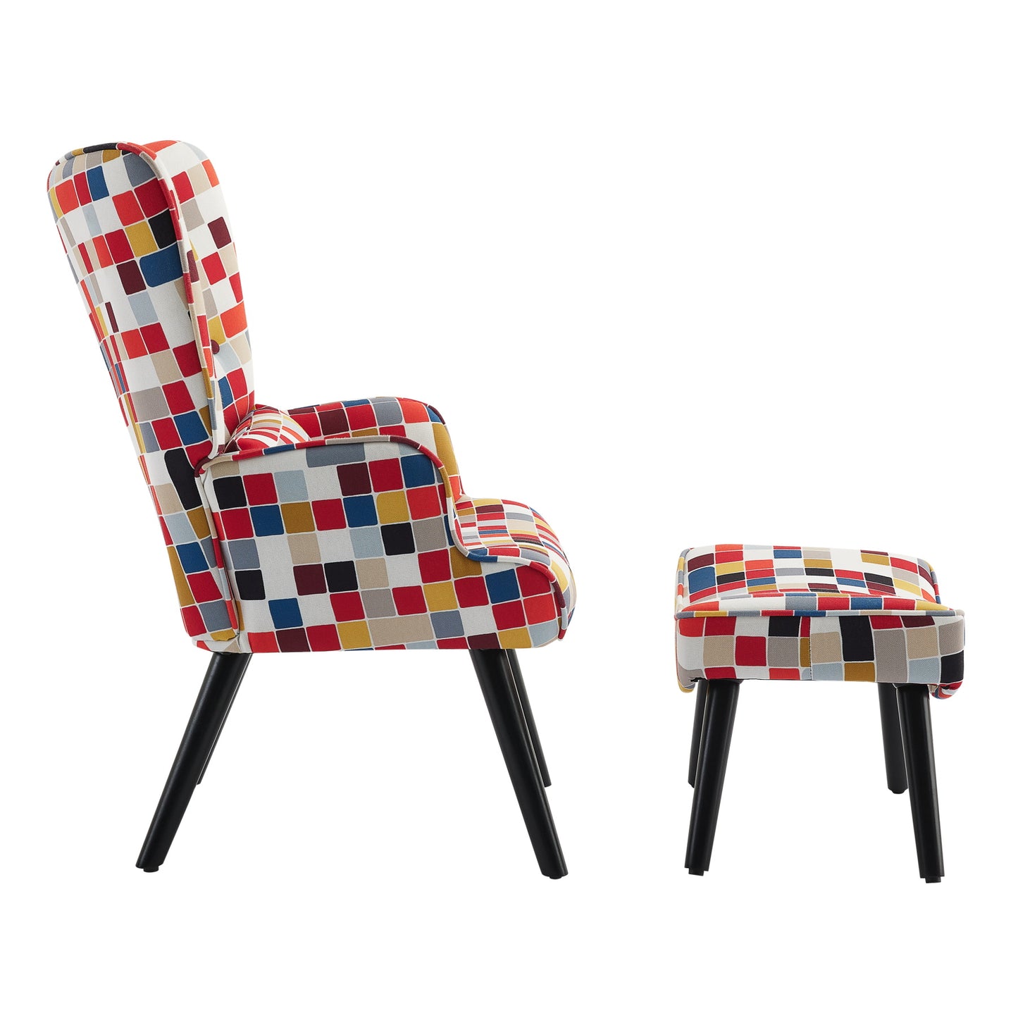 Poltrona HOMEMIYN com Almofada e Banco（76x65x94 cm - Tecido de Linho Falso com Padrão Mosaico - Colorida）