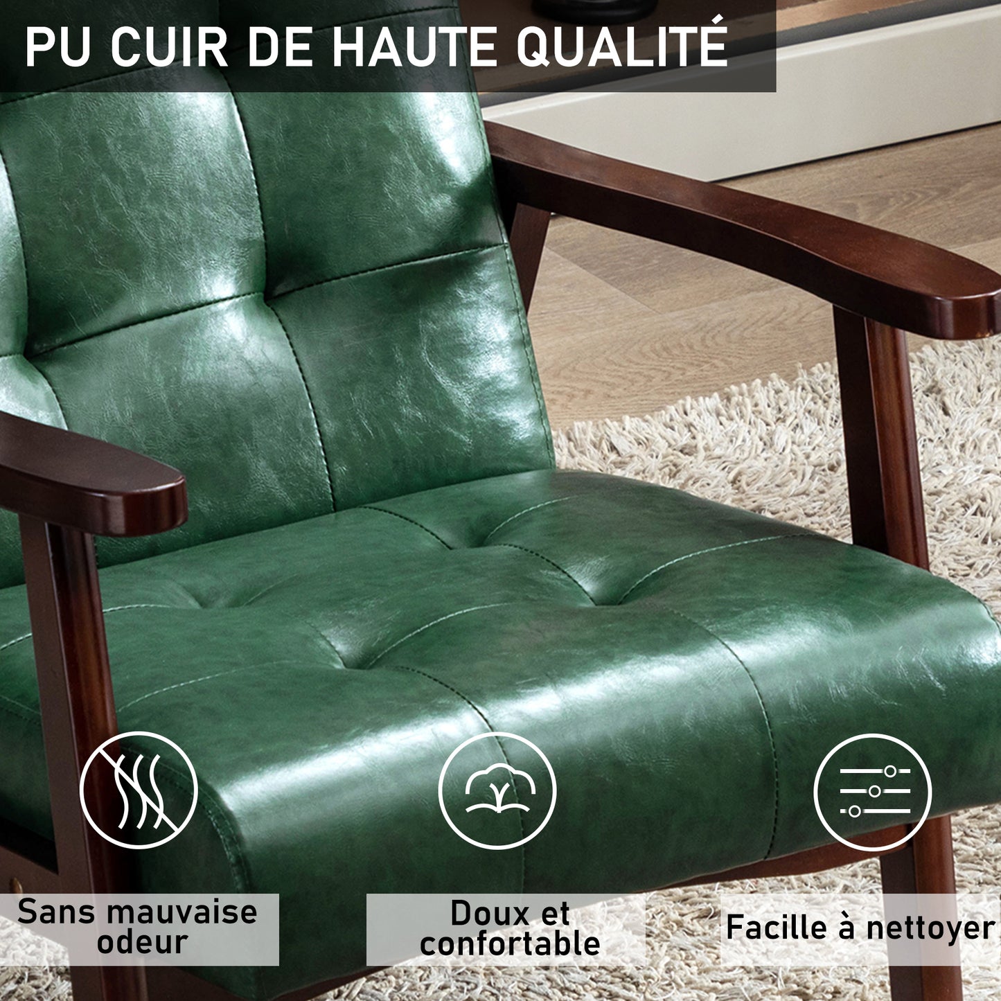 Fauteuil en bois au design scandinave et cuir Vert-L 67 x L 76 x H 76 cm