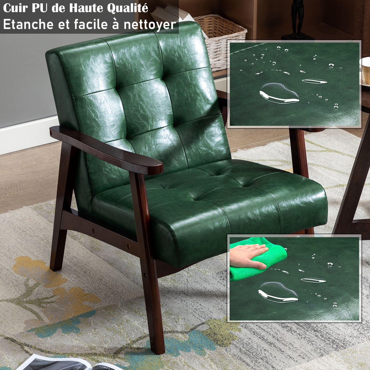 Fauteuil en bois au design scandinave et cuir Vert-L 67 x L 76 x H 76 cm