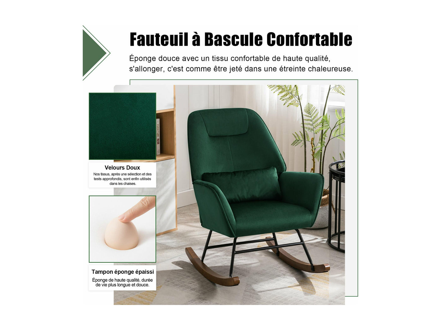 Fauteuil Bascule Velours Confort Lombaire - Allaitement, Salon/Chambre Enfant, Vert Foncé