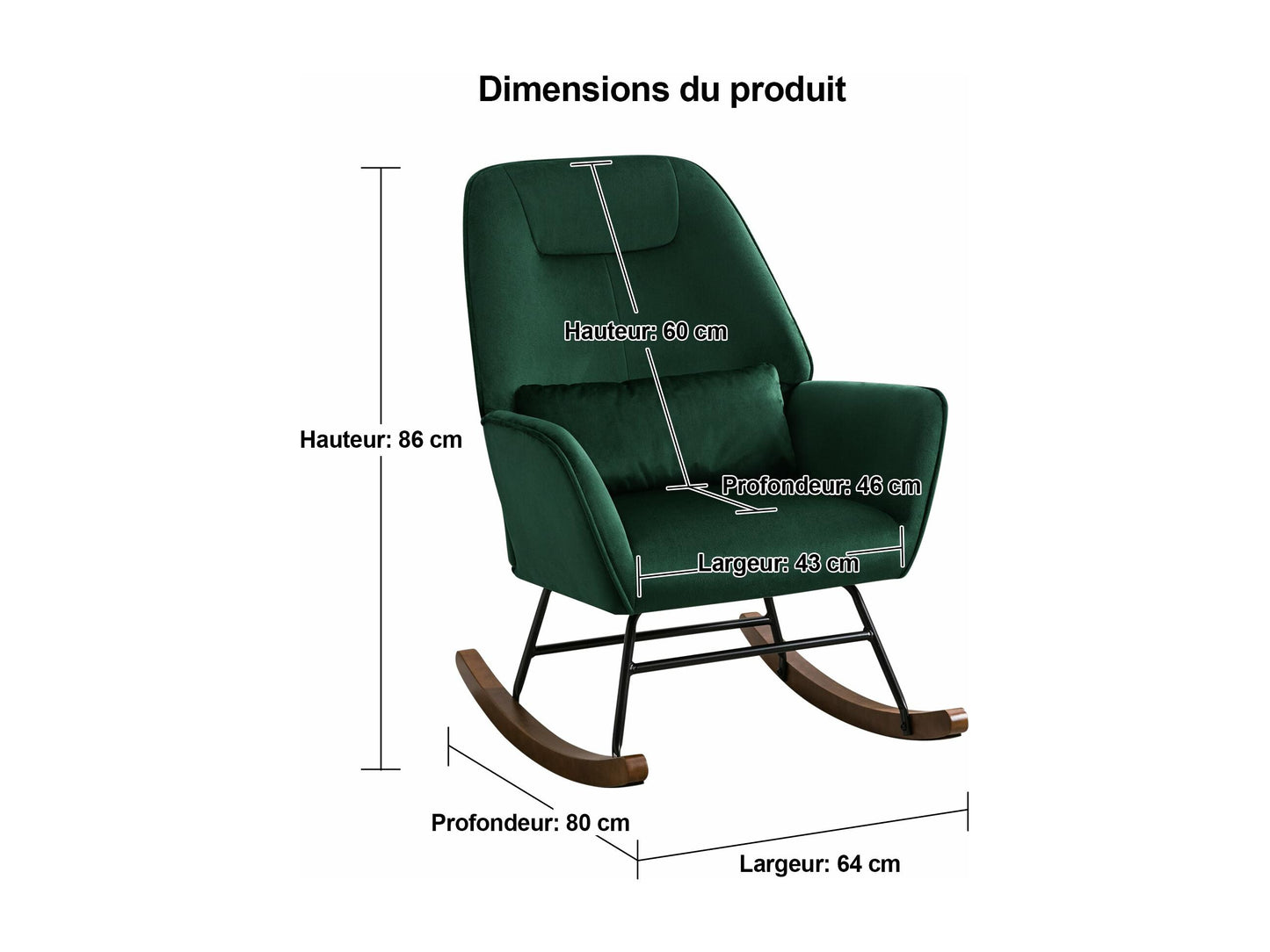 Fauteuil à Bascule  Rembourré en Velours Moderne  pour Salon, Chaise à Bascule à Dossier Haut avec Pieds en Bois, Vert Foncé
