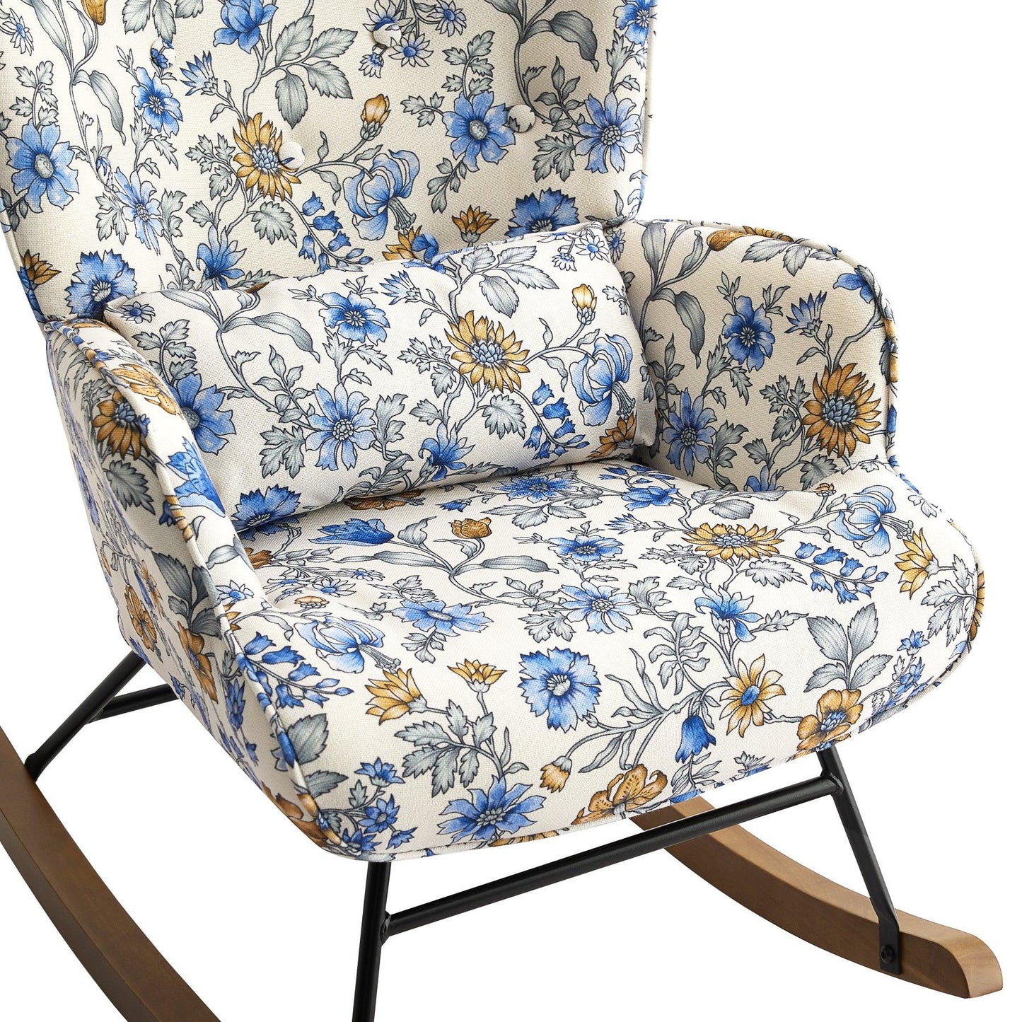 Fauteuil à bascule en velours avec cadre en métal et base en bois pour un refuge de chambre apaisant