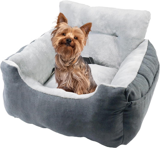 Cama para Cães de Carro Cinza - Macia em Pele Falsa com Padrão Peludo, Cinto de Segurança e Impermeável