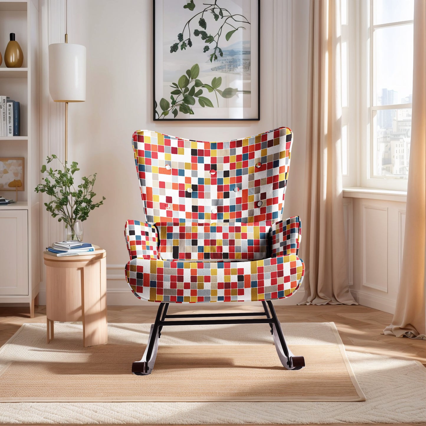 Cadeira de baloiço HOMEMIYN: Tecido de linho sintético, padrão de mosaico colorido - 91X67X86CM