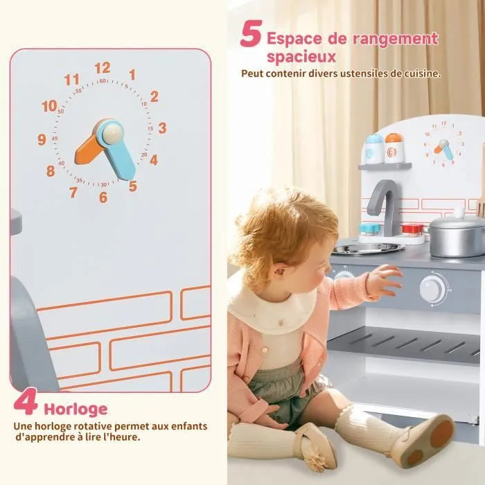 Cuisine multifonctionnelle pour enfants - ORYXEARTH - 40x24.5x50cm - Bois - Spatules et casseroles - Gris