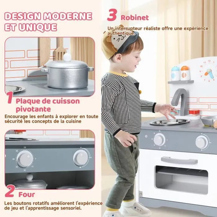 Cuisine multifonctionnelle pour enfants - ORYXEARTH - 40x24.5x50cm - Bois - Spatules et casseroles - Gris