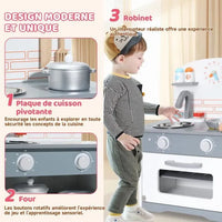 Cuisine multifonctionnelle pour enfants - ORYXEARTH - 40x24.5x50cm - Bois - Spatules et casseroles - Gris