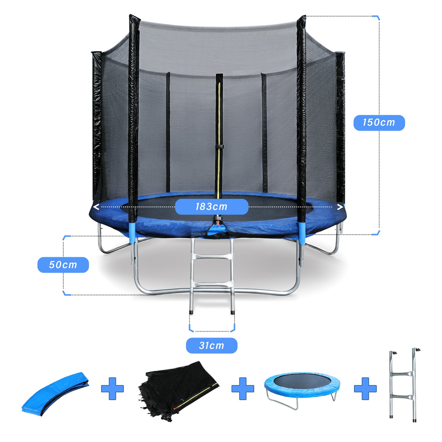 Gartentrampolin für Kinder und Erwachsene Outdoor-Spielzeug 183 cm Schwarz und Blau mit Sicherheitsnetz Schutzhülle