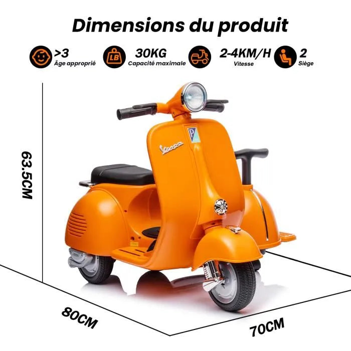Vespa scooter moto électrique double pour enfants - ORYXEARTH - Orange - 6V - 4 roues
