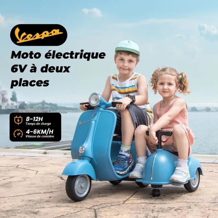 Moto scooter eléctrica doble Vespa para niños - ORYXEARTH - Azul - 6V - 3-4 km/h