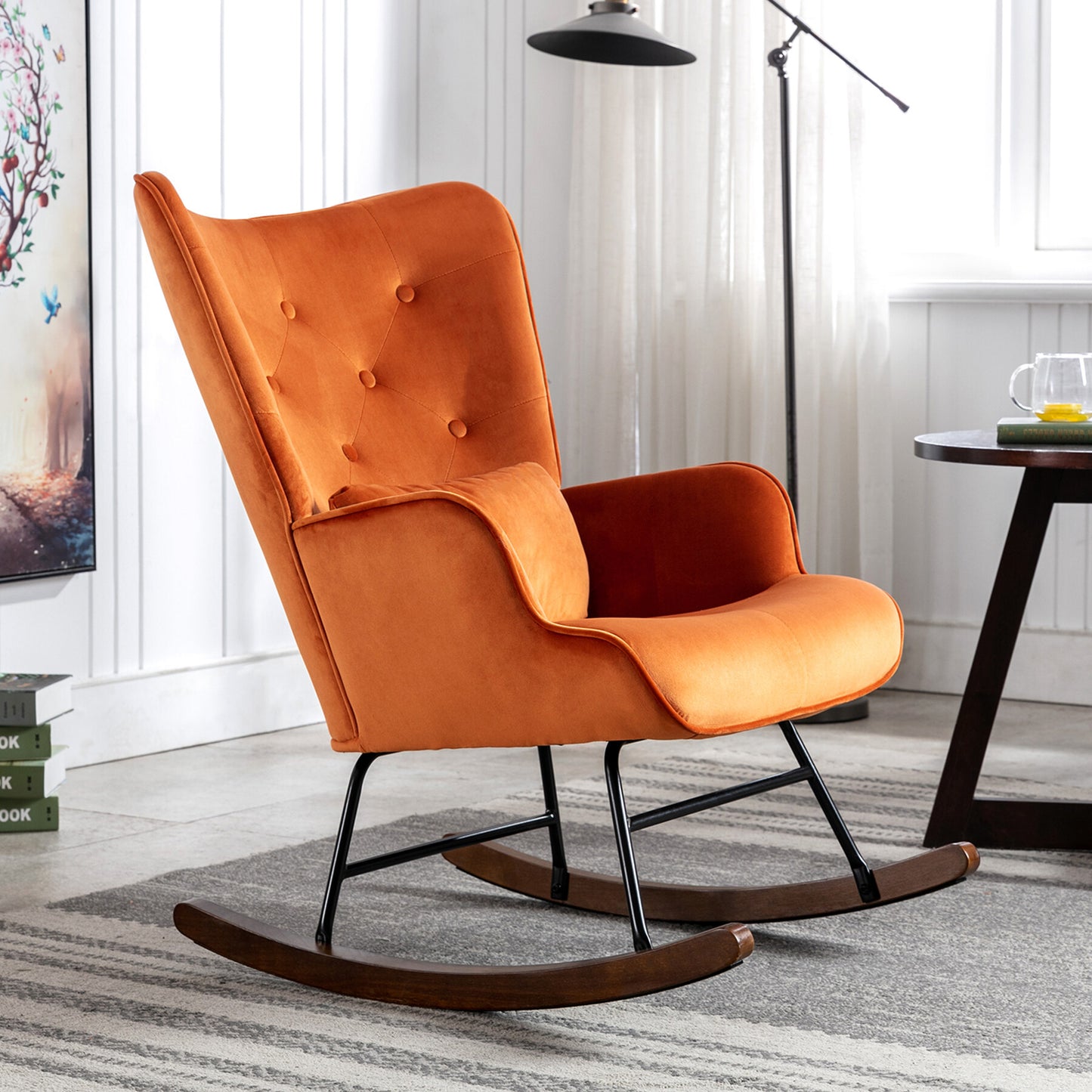 Cadeira de Balanço HomeMiYN com Banco Acompanhante (87x66x90cm - Metal/Madeira - caramelo)