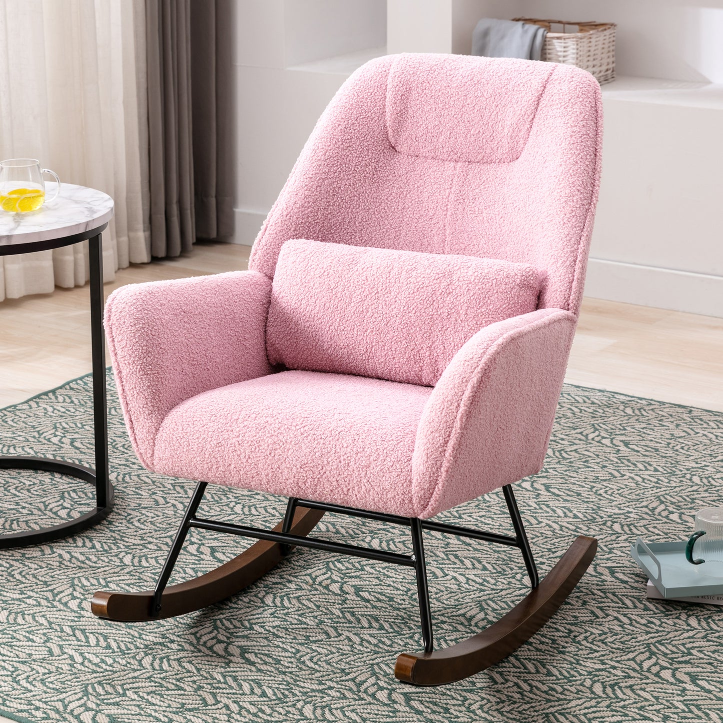 Fauteuil à Bascule en Laine d'agneau Fauteuil en Laine Moderne, Chaise à Bascule Confortable avec Pieds en Bois Massif  Rose