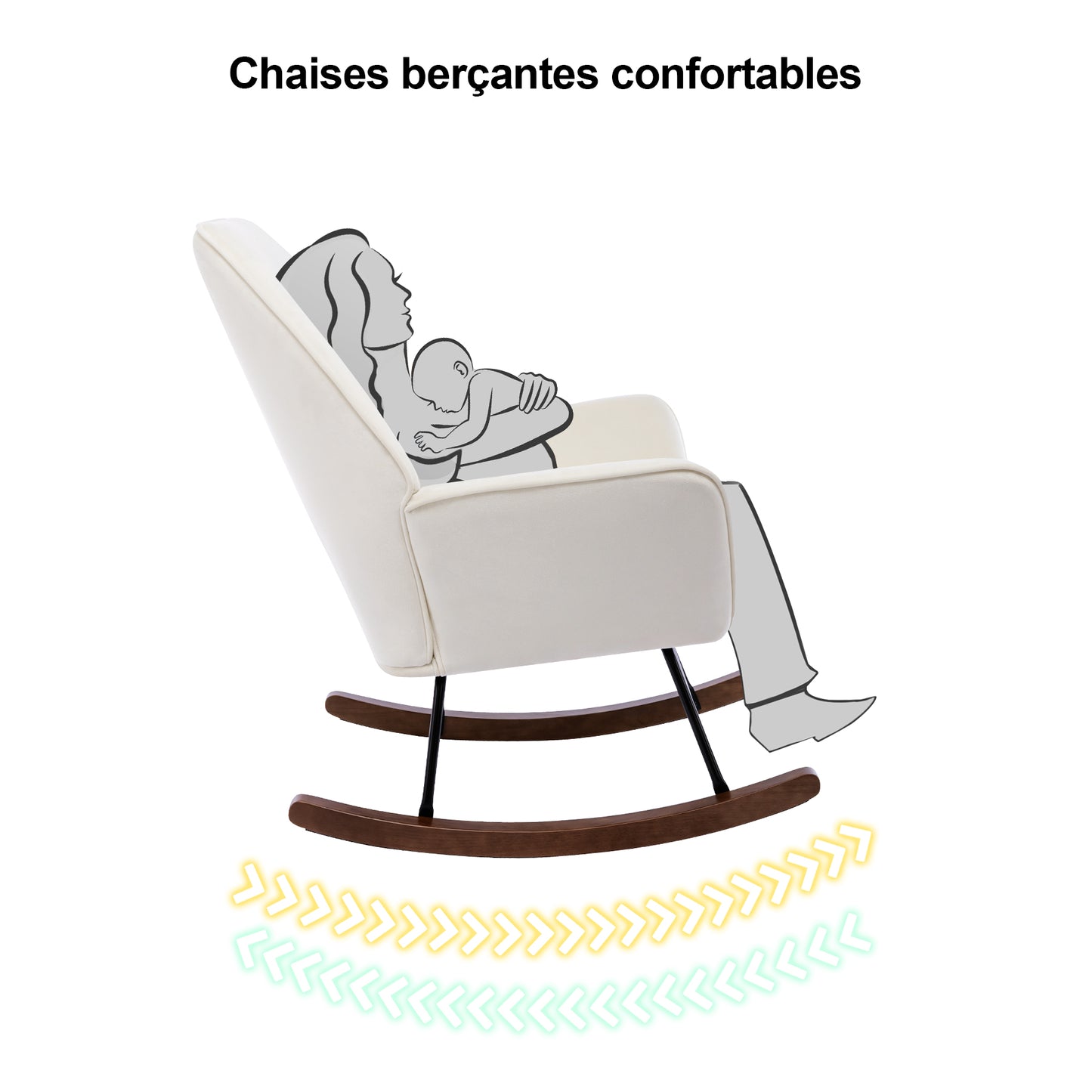 Fauteuil à Bascule d'Allaitement en Suédine Beige - Structure Métal avec Piètement Bois - Confort Maternité