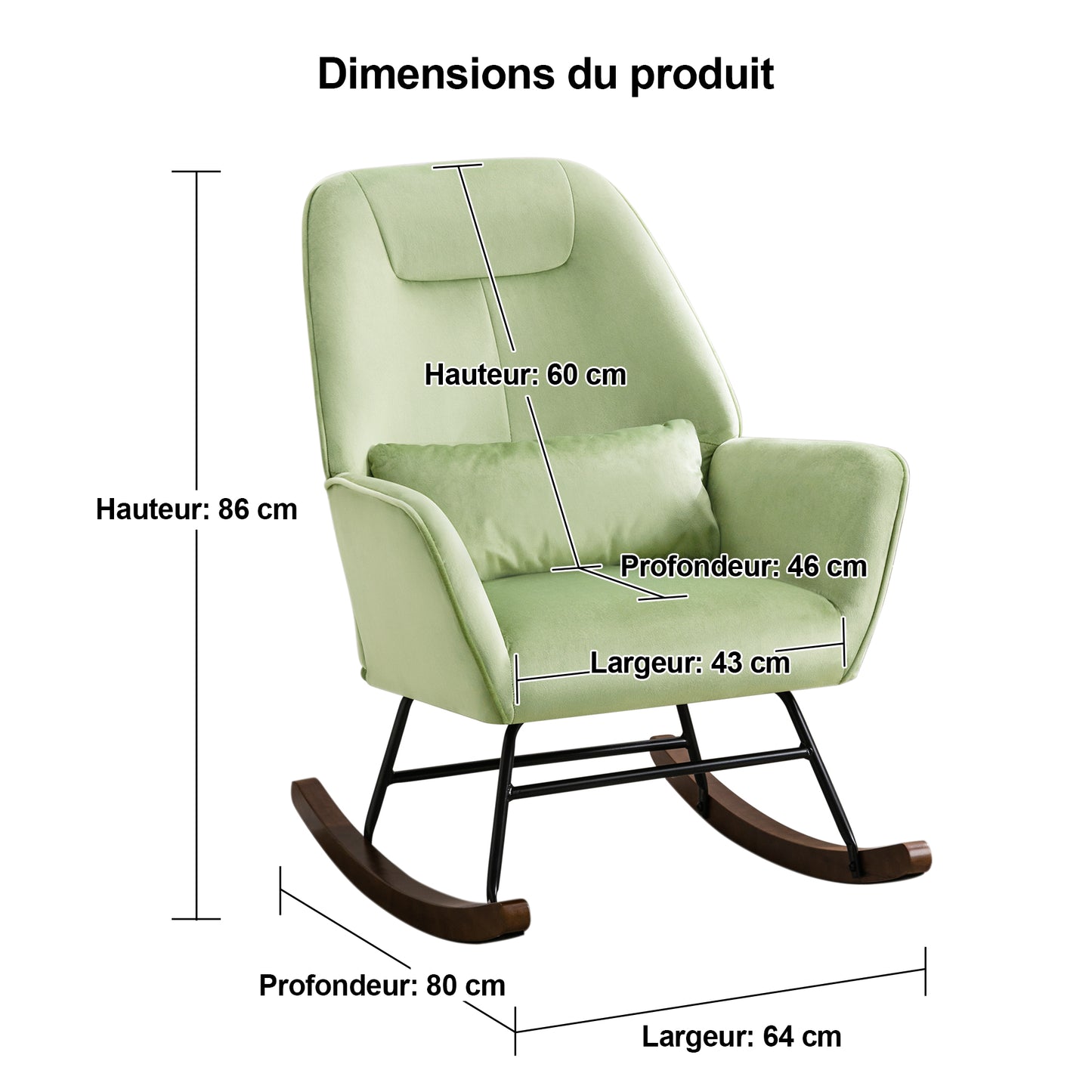 Fauteuil à Bascule en Velours Rembourré avec Support Lombaire,  Fauteuil Allaitement à Bascule pour Salon, Chambre d'enfant, Vert Clair